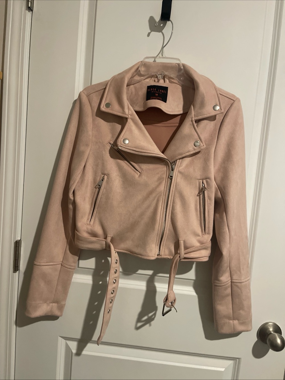 Black Label Blush Pink faux suede Jacket Biker Barbie Pale pink 19 P2P 17.5 L